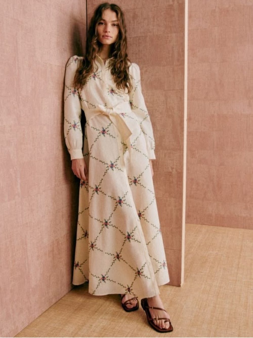 Sezane Bella 12 Ecru Floral Embroidered Linen Maxi Dress Cottagecore French NWT